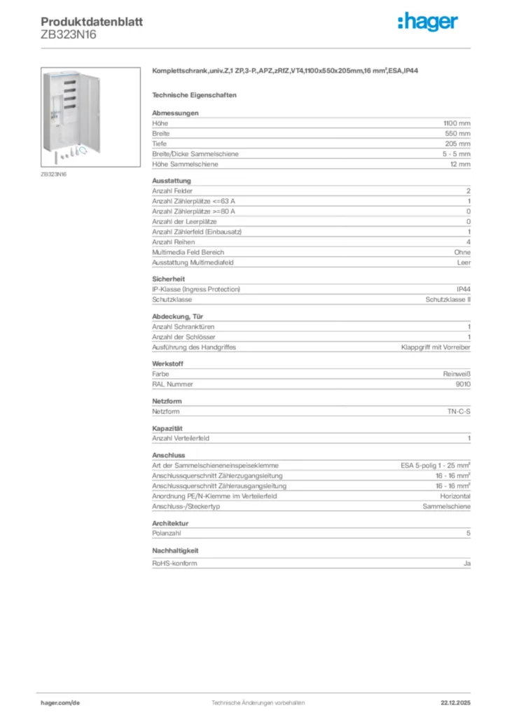 Bild Hager Produktdatenblatt ZB323N16 | Hager Deutschland