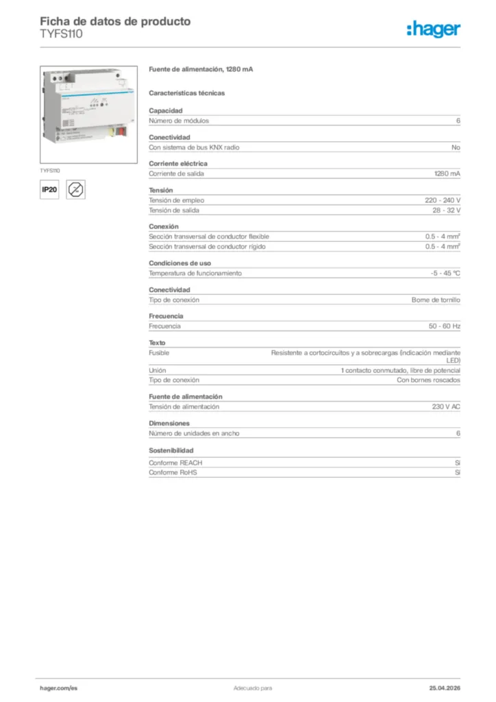 Imagen Hager Ficha de datos de producto TYFS110 | Hager España