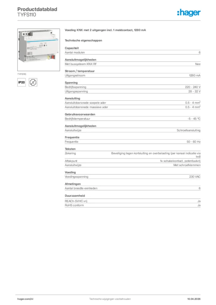 Afbeelding Hager Productdatablad TYFS110 | Hager Nederland