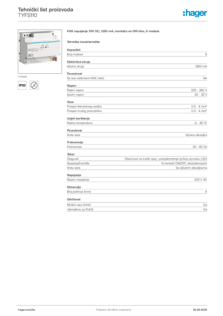 Slika Hager Tehnički list proizvoda TYFS110  | Hager