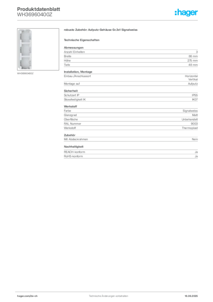 Bild Hager Produktdatenblatt WH36960400Z | Hager Schweiz