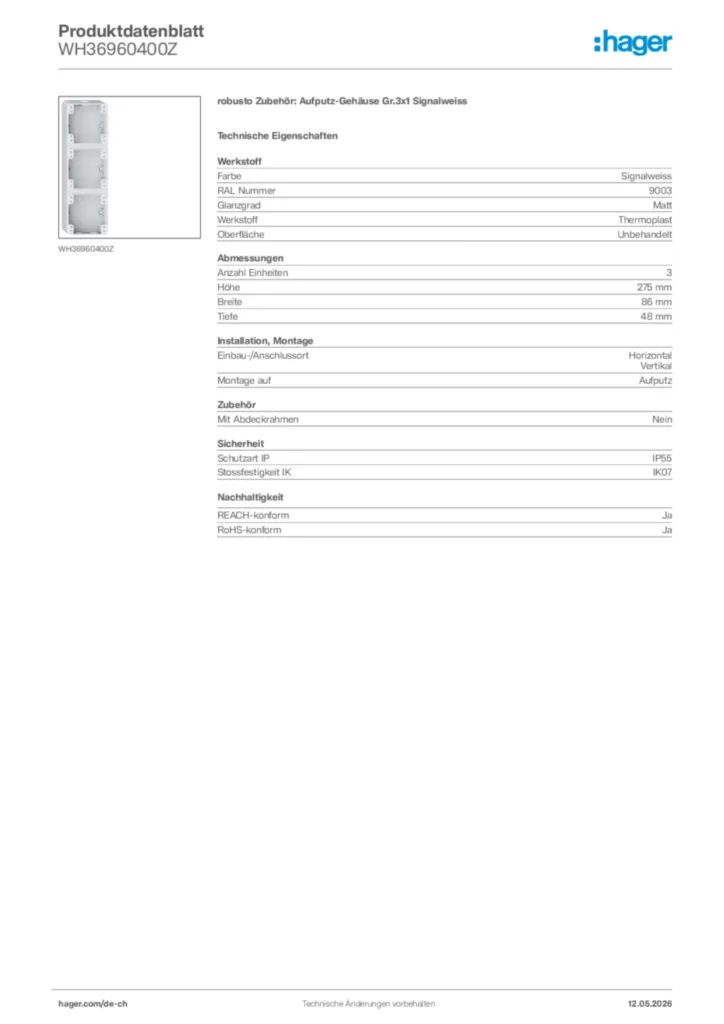 Bild Hager Produktdatenblatt WH36960400Z | Hager Schweiz