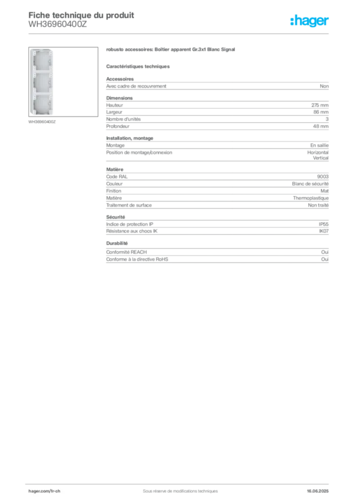 Image Hager Fiche technique du produit WH36960400Z | Hager Suisse