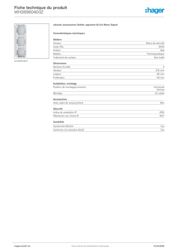 Image Hager Fiche technique du produit WH36960400Z | Hager Suisse
