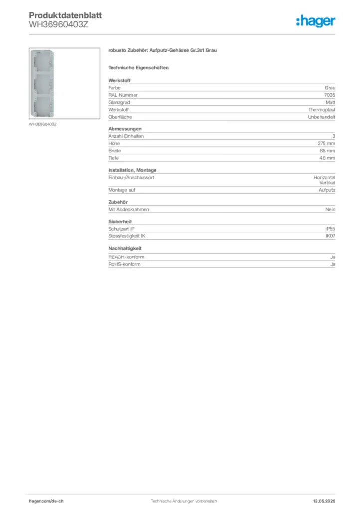 Bild Hager Produktdatenblatt WH36960403Z | Hager Schweiz