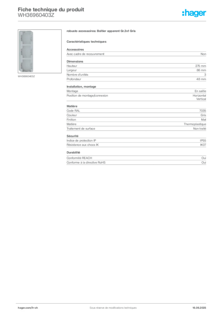 Image Hager Fiche technique du produit WH36960403Z | Hager Suisse