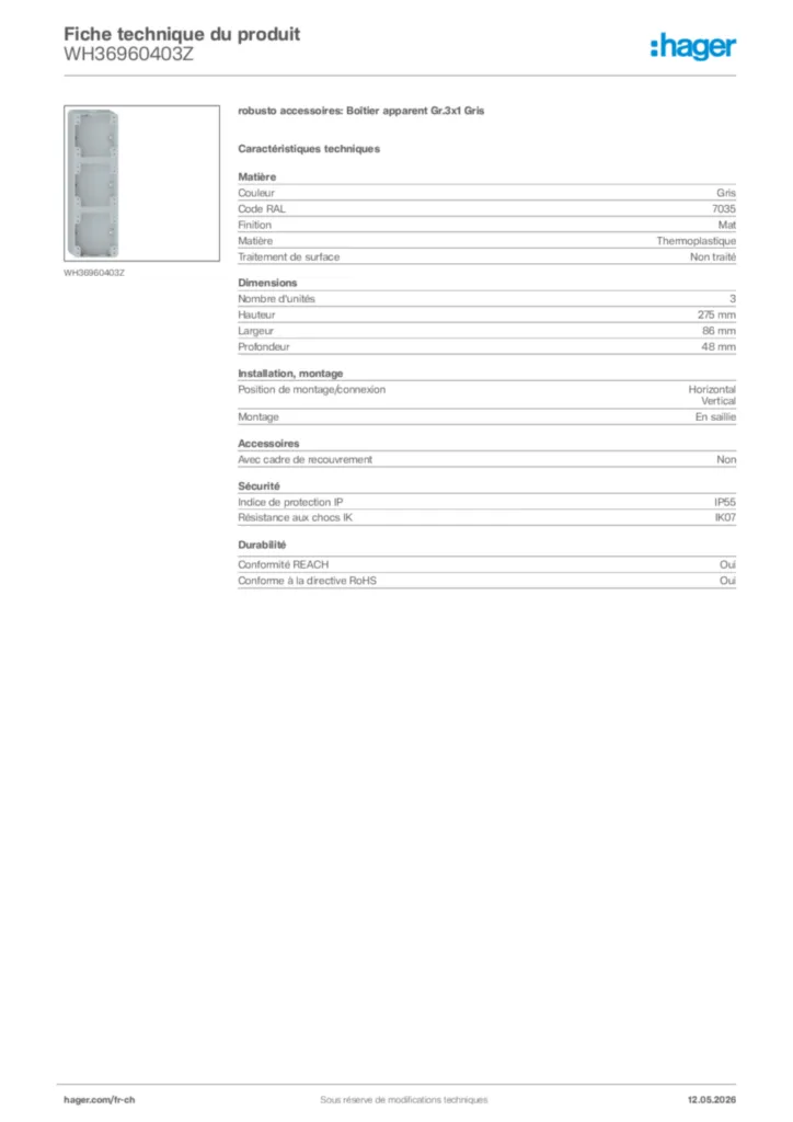 Image Hager Fiche technique du produit WH36960403Z | Hager Suisse