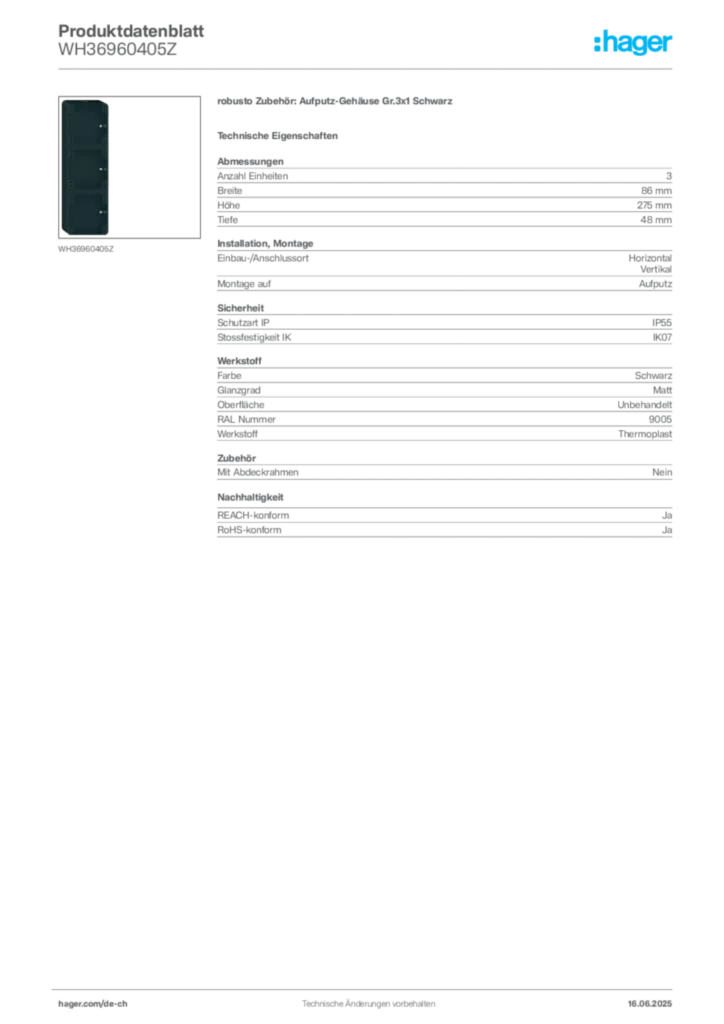 Bild Hager Produktdatenblatt WH36960405Z | Hager Schweiz