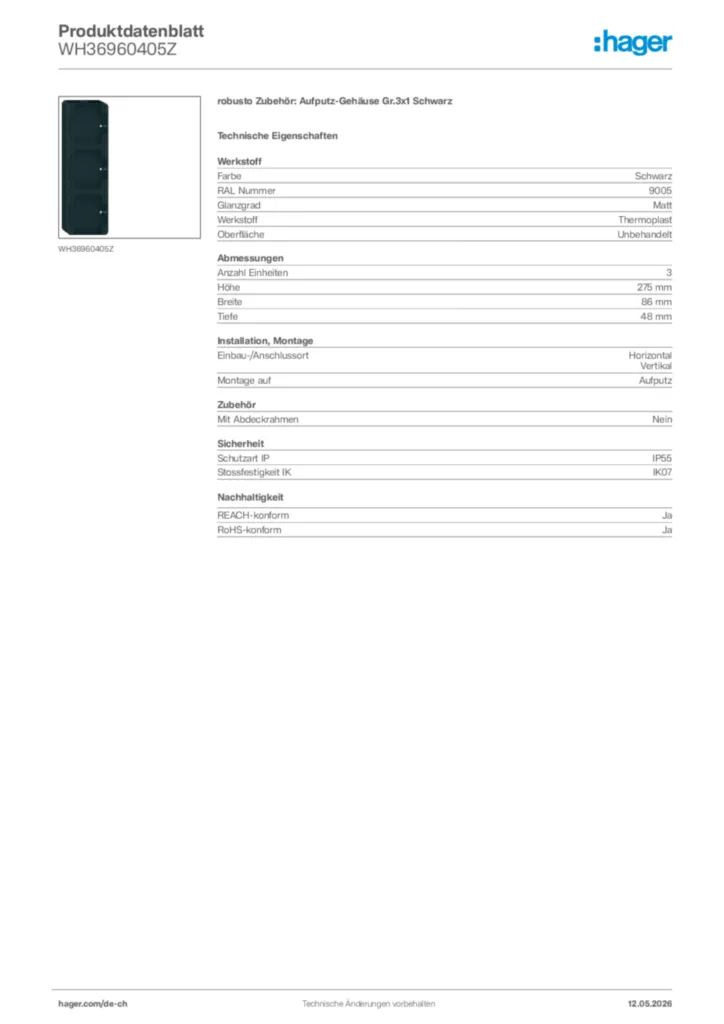 Bild Hager Produktdatenblatt WH36960405Z | Hager Schweiz