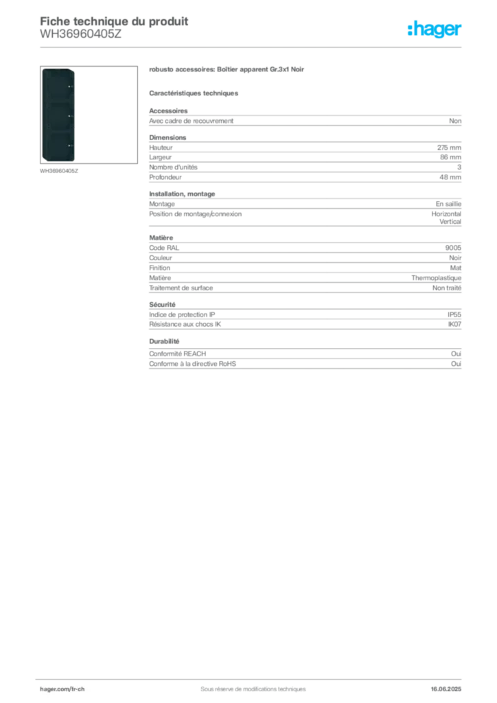 Image Hager Fiche technique du produit WH36960405Z | Hager Suisse