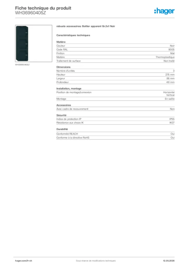 Image Hager Fiche technique du produit WH36960405Z | Hager Suisse