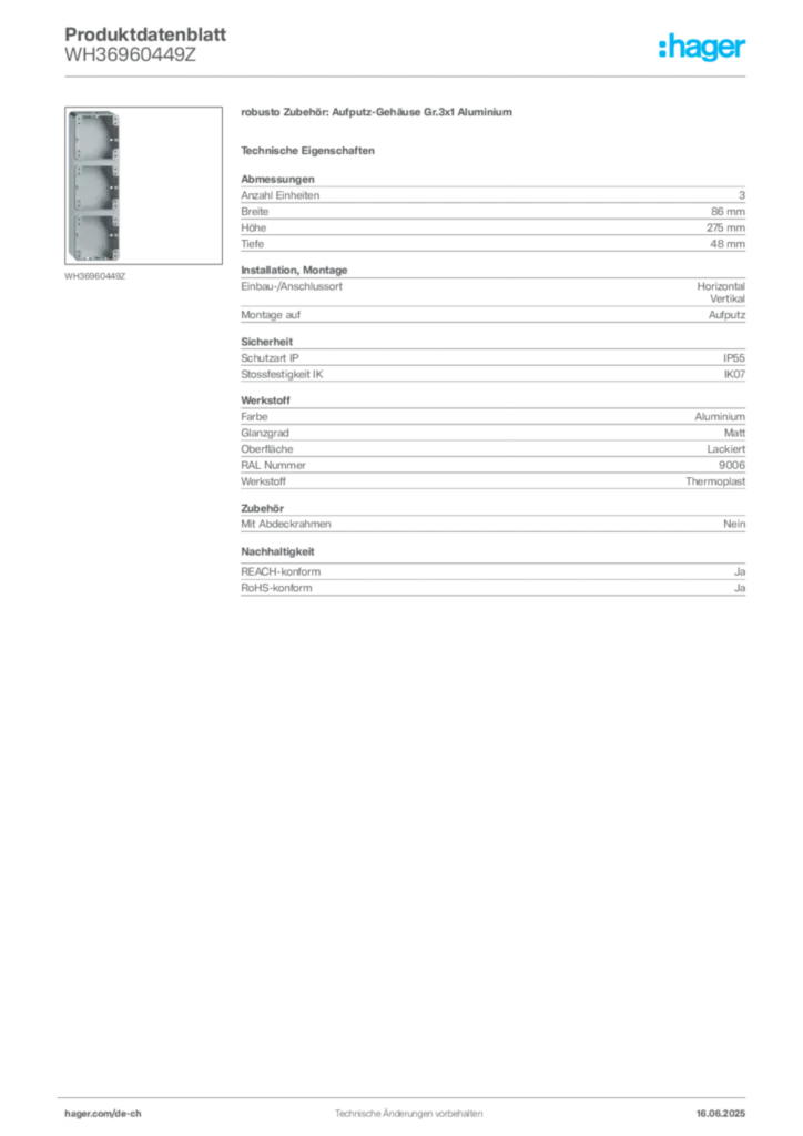 Bild Hager Produktdatenblatt WH36960449Z | Hager Schweiz