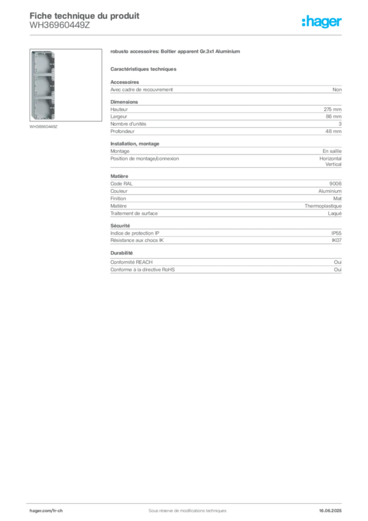 Image Hager Fiche technique du produit WH36960449Z | Hager Suisse