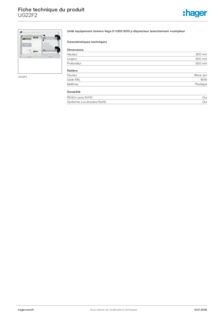 Image Hager Fiche technique du produit UG22F2 | Hager France