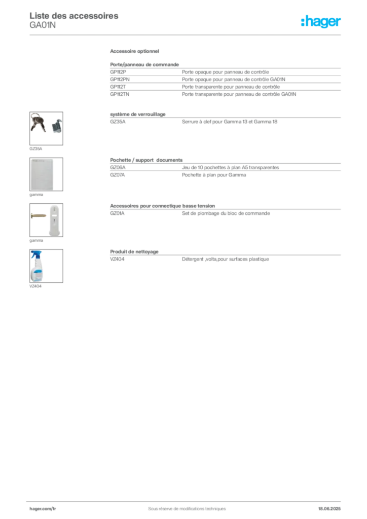 Image Hager Fiche technique du produit GA01N | Hager France