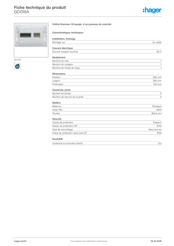 Image Hager Fiche technique du produit GD018A | Hager France