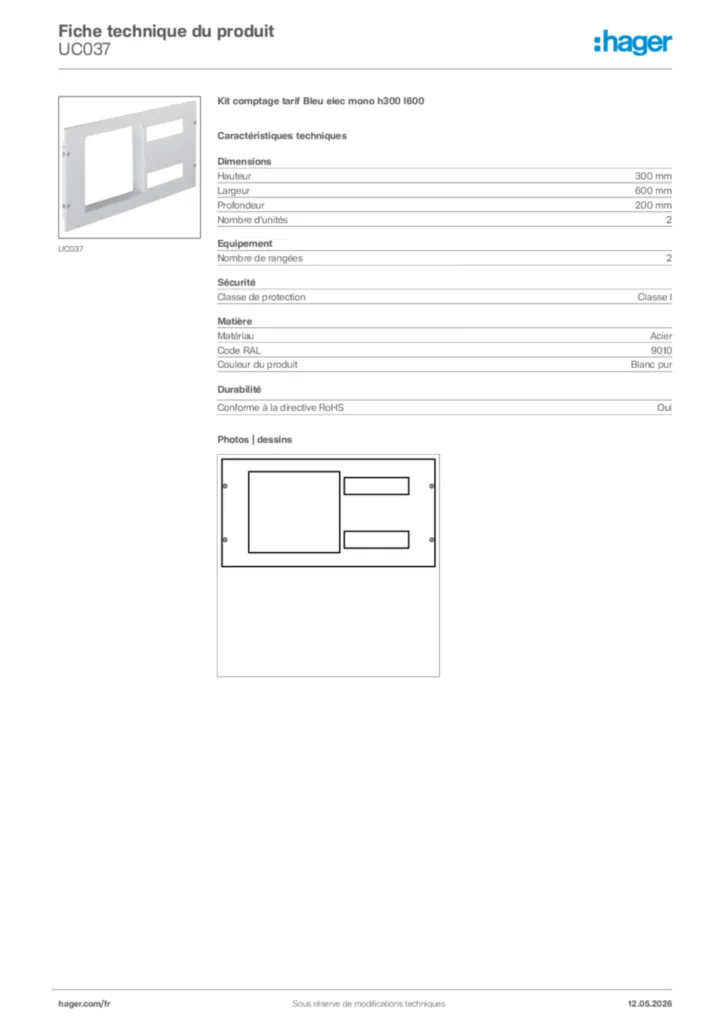 Image Hager Fiche technique du produit UC037 | Hager France