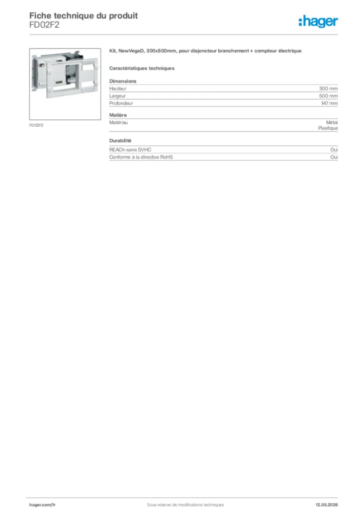 Image Hager Fiche technique du produit FD02F2 | Hager France