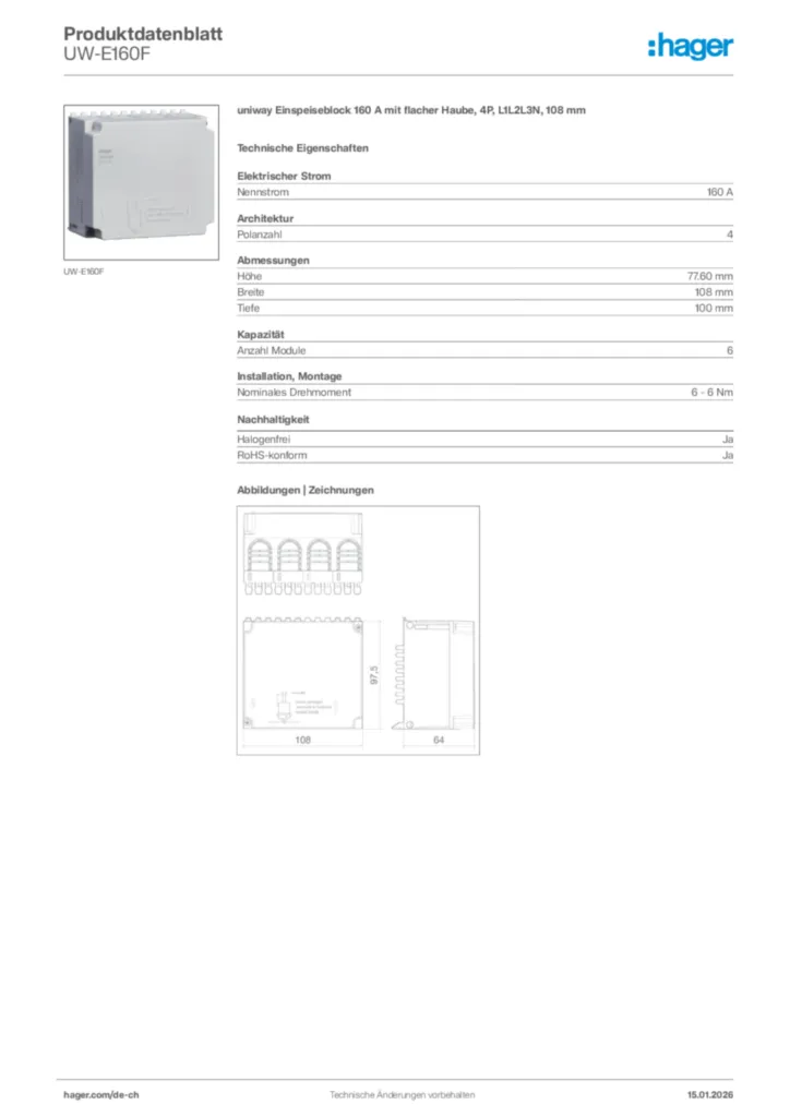 Bild Hager Produktdatenblatt UW-E160F | Hager Schweiz