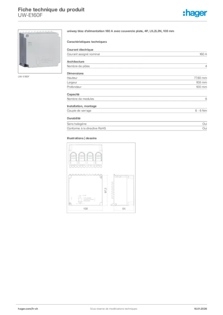 Image Hager Fiche technique du produit UW-E160F | Hager Suisse