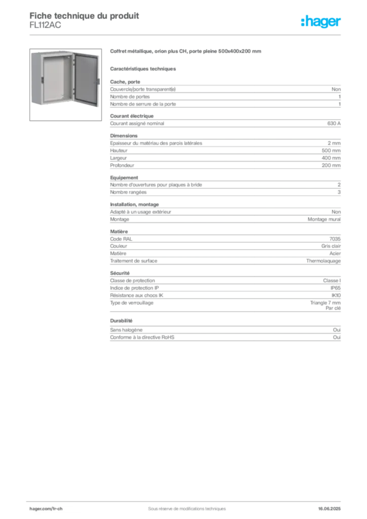 Image Hager Fiche technique du produit FL112AC | Hager Suisse