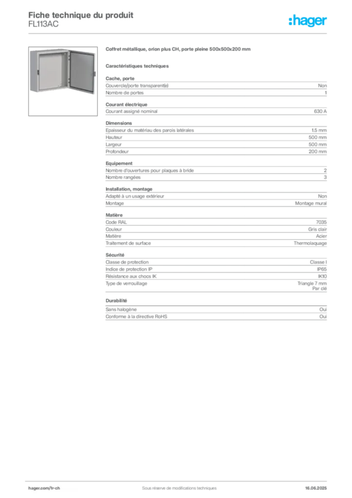 Image Hager Fiche technique du produit FL113AC | Hager Suisse