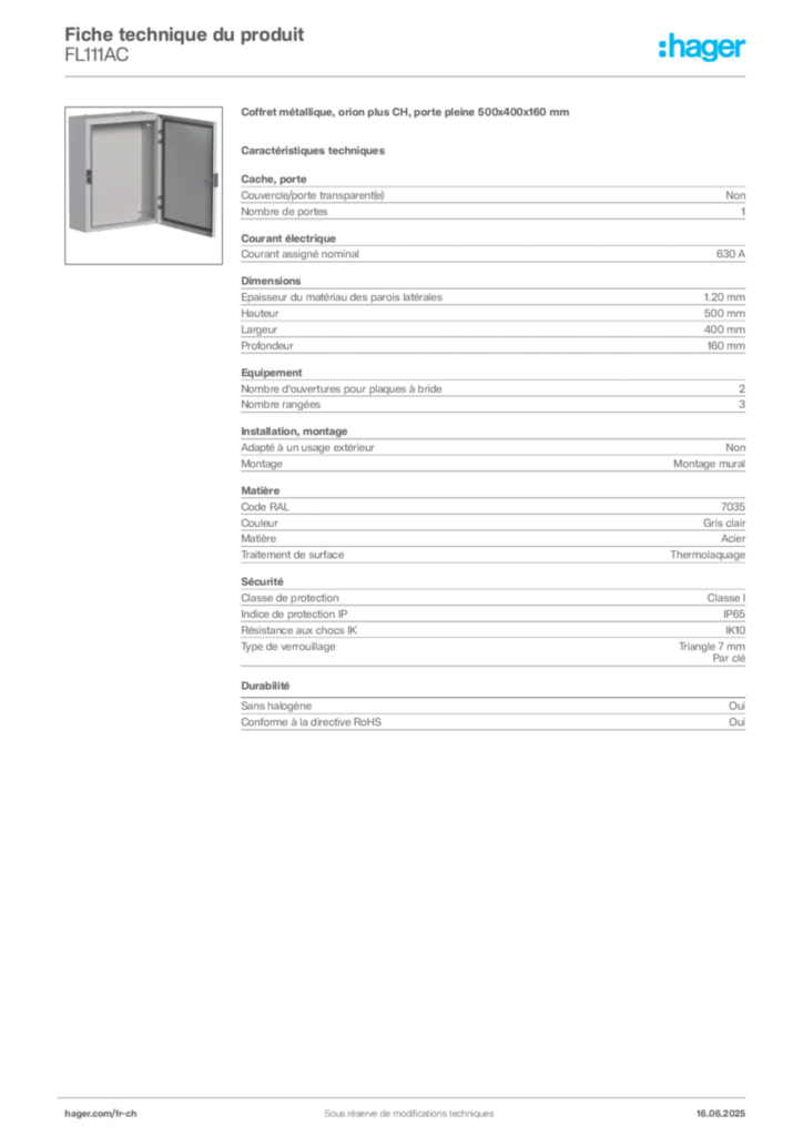 Image Hager Fiche technique du produit FL111AC | Hager Suisse
