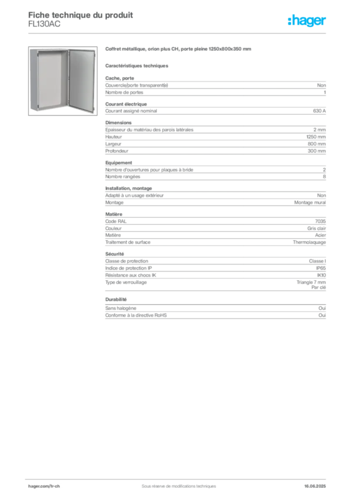 Image Hager Fiche technique du produit FL130AC | Hager Suisse
