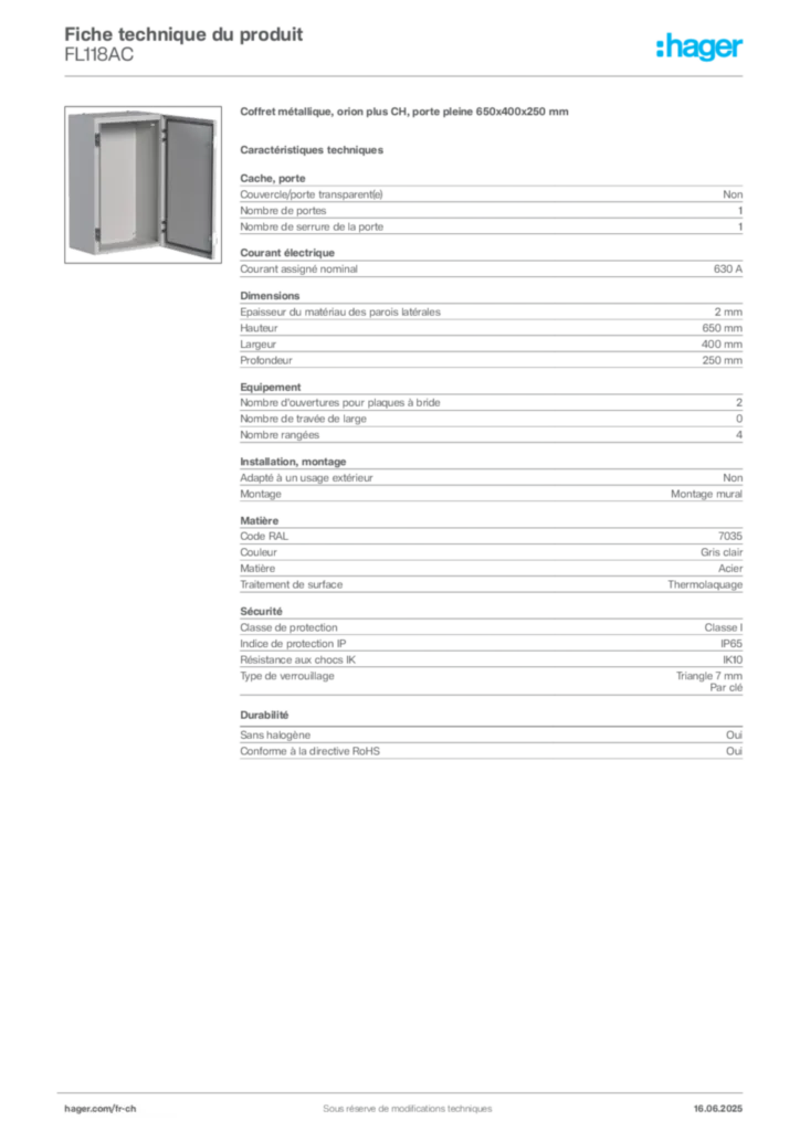 Image Hager Fiche technique du produit FL118AC | Hager Suisse