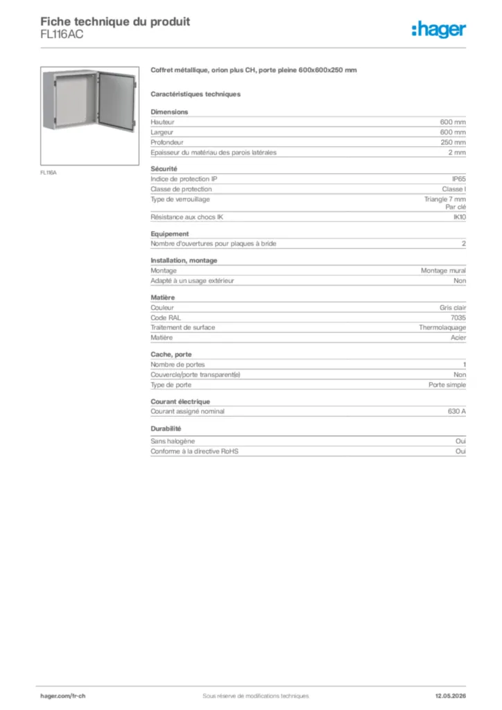Image Hager Fiche technique du produit FL116AC | Hager Suisse