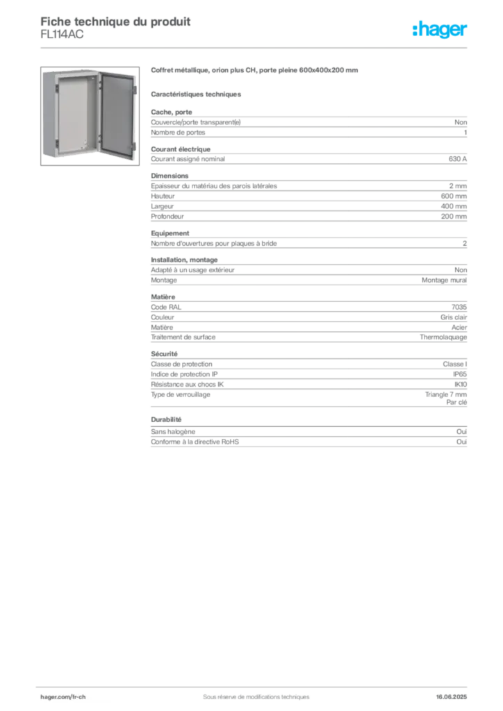 Image Hager Fiche technique du produit FL114AC | Hager Suisse