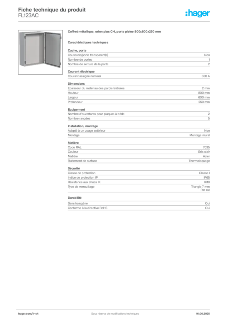 Image Hager Fiche technique du produit FL123AC | Hager Suisse