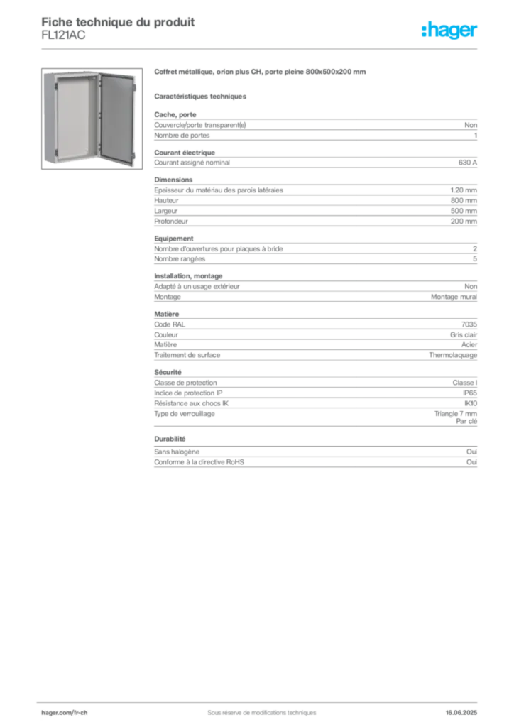 Image Hager Fiche technique du produit FL121AC | Hager Suisse