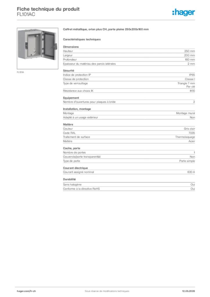 Image Hager Fiche technique du produit FL101AC | Hager Suisse