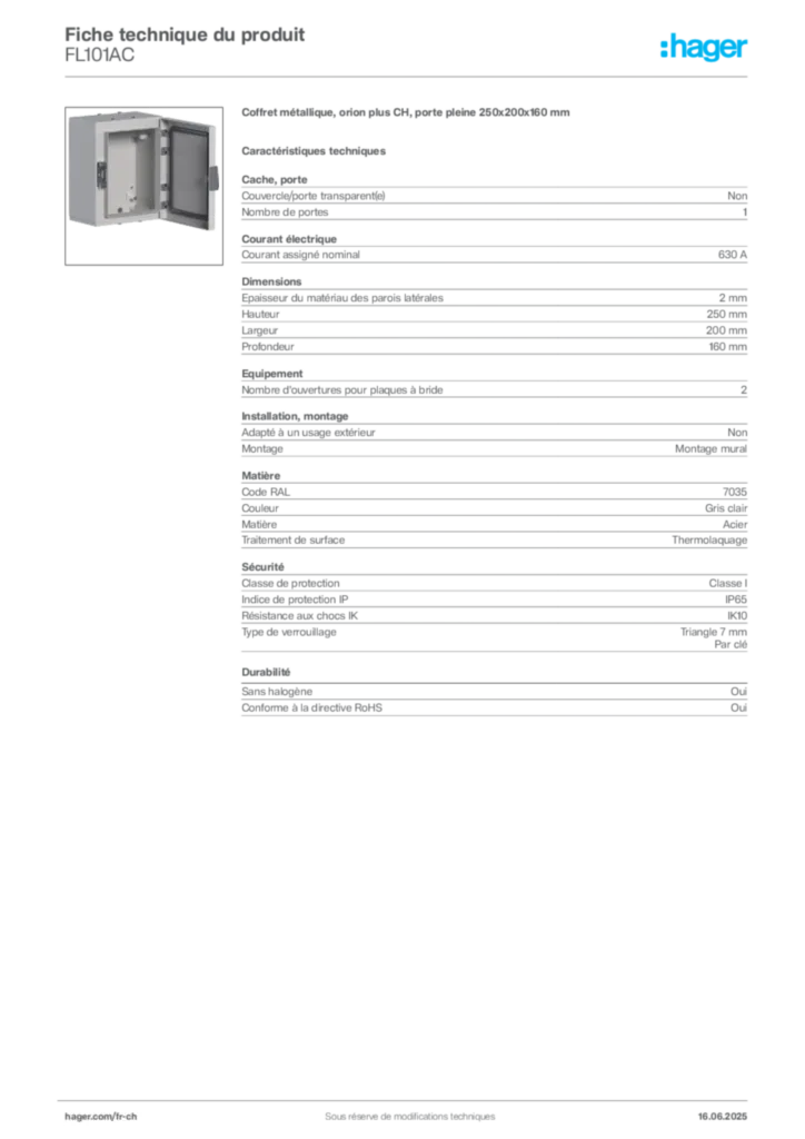 Image Hager Fiche technique du produit FL101AC | Hager Suisse