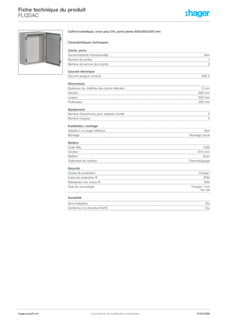 Image Hager Fiche technique du produit FL120AC | Hager Suisse