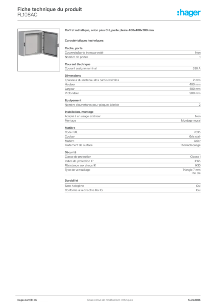 Image Hager Fiche technique du produit FL108AC | Hager Suisse