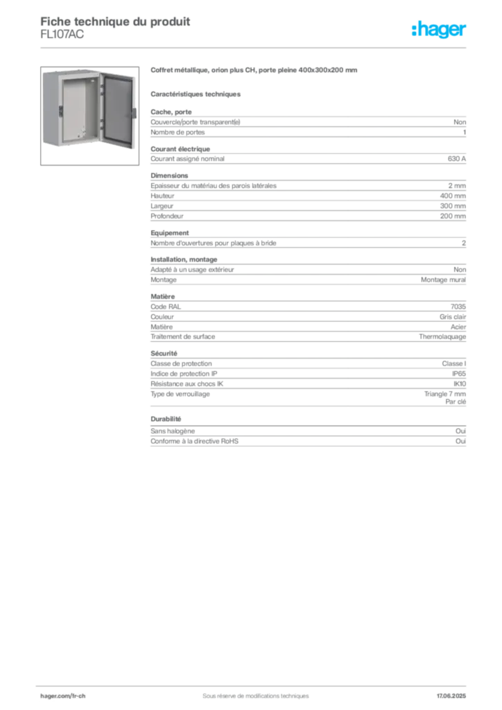 Image Hager Fiche technique du produit FL107AC | Hager Suisse