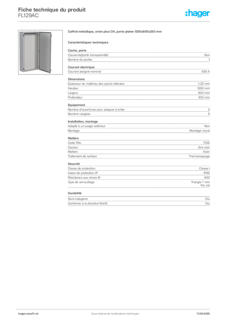 Image Hager Fiche technique du produit FL129AC | Hager Suisse
