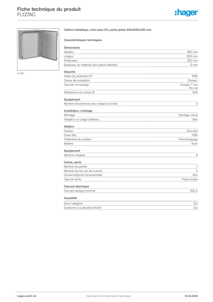 Image Hager Fiche technique du produit FL127AC | Hager Suisse