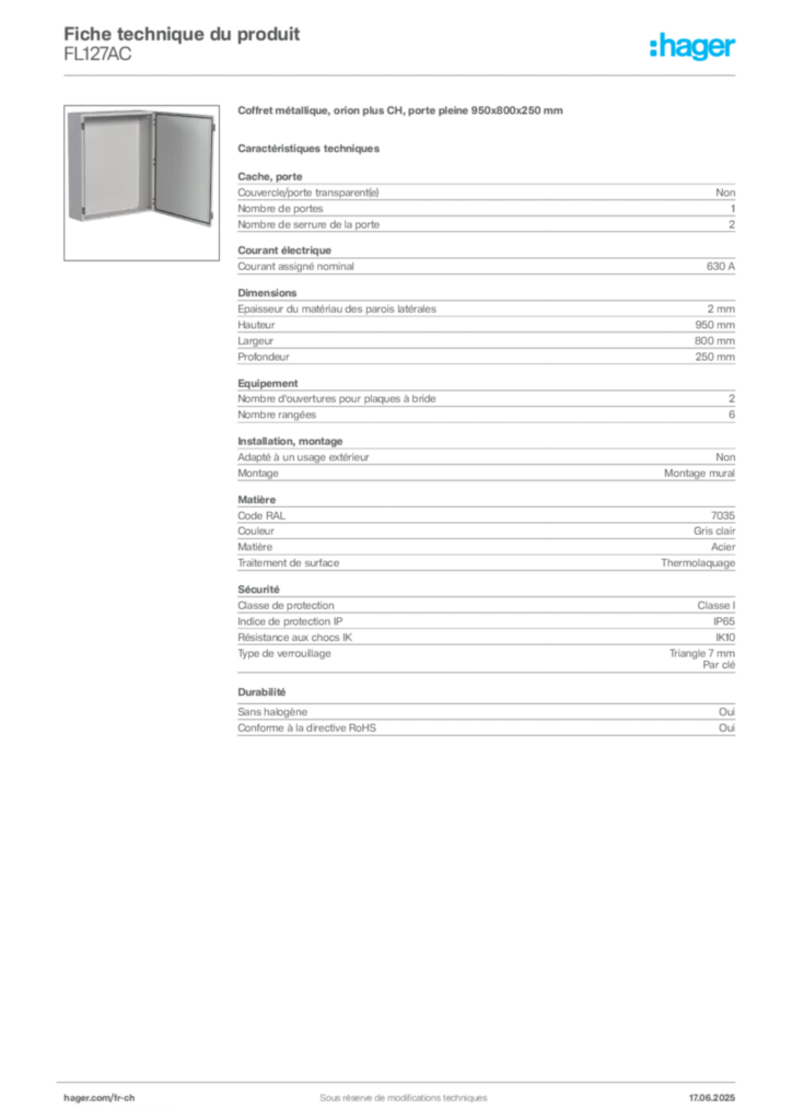 Image Hager Fiche technique du produit FL127AC | Hager Suisse
