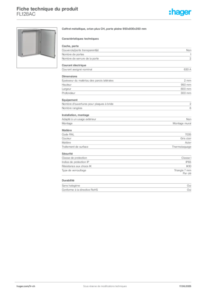 Image Hager Fiche technique du produit FL128AC | Hager Suisse
