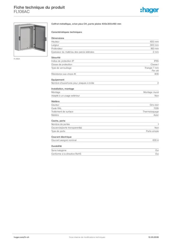 Image Hager Fiche technique du produit FL106AC | Hager Suisse