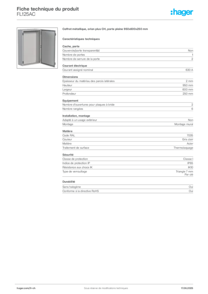 Image Hager Fiche technique du produit FL125AC | Hager Suisse