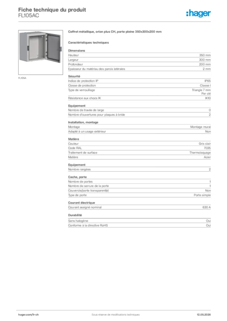 Image Hager Fiche technique du produit FL105AC | Hager Suisse