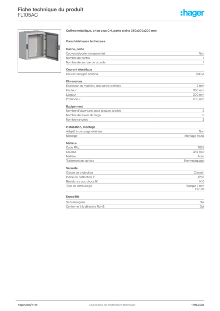 Image Hager Fiche technique du produit FL105AC | Hager Suisse