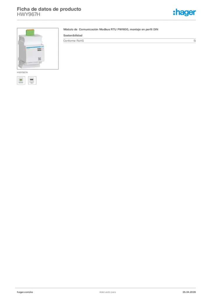 Imagen Hager Ficha de datos de producto HWY967H | Hager España