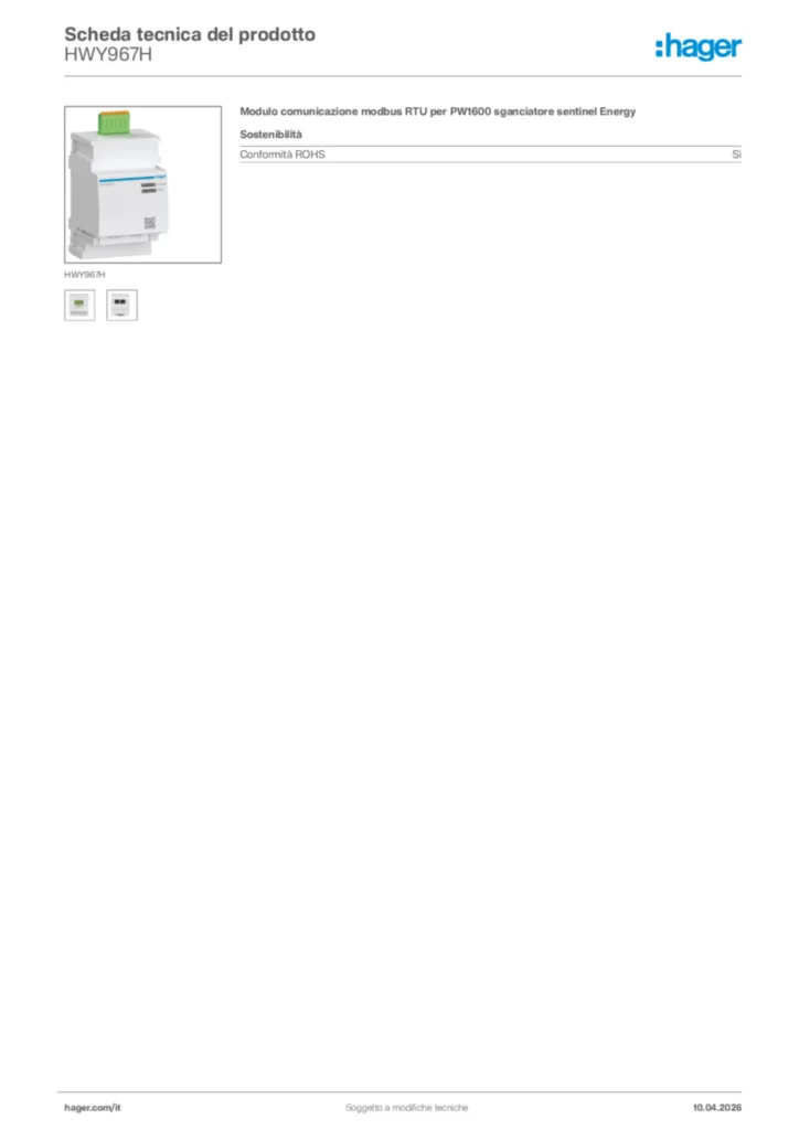 Immagine Hager Scheda tecnica del prodotto HWY967H | Hager Italia