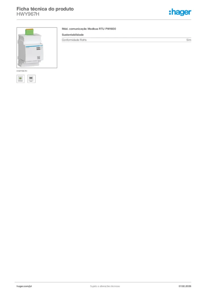 Imagem Hager Ficha técnica do produto HWY967H | Hager Portugal