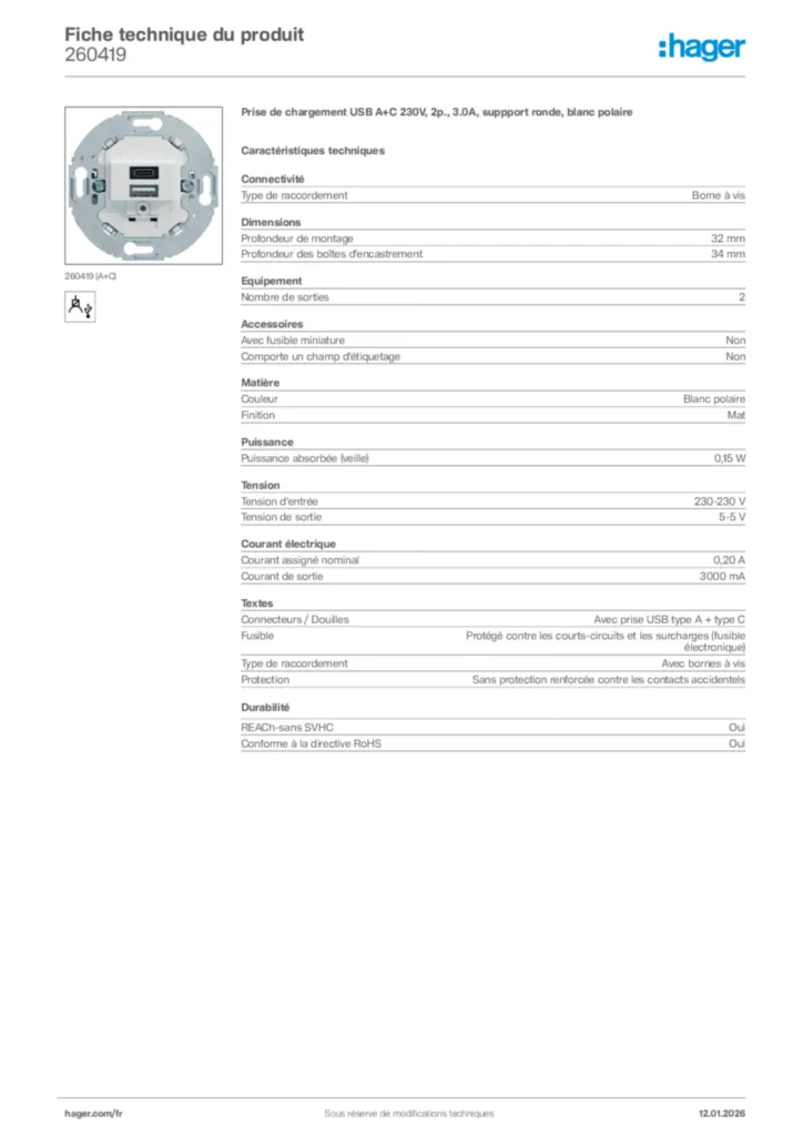 Image Hager Fiche technique du produit 260419 | Hager France